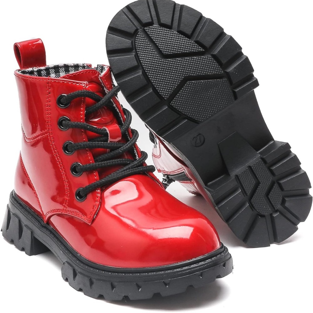 Red Patent (faux) leather combat boots - girls size 13
